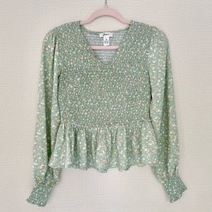 JAPNA, Calico Floral Smocked Long Sleeve Peplum Blouse, Seafoam & Aprico…